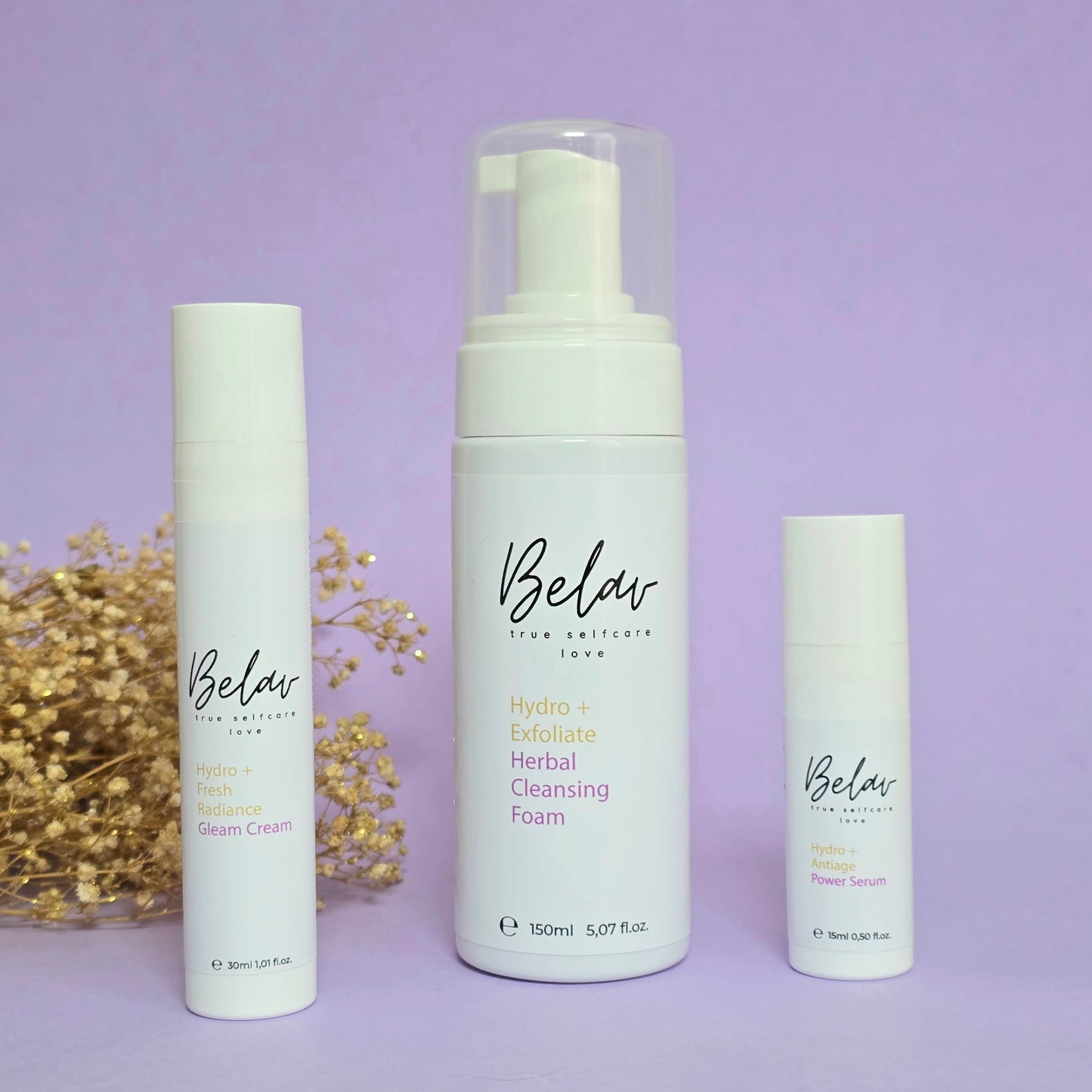 Belav Skincare Set – Komplett-Pflege Routine mit Herbal Cleansing Foam, Power Serum NEU und Gleam Cream NEU