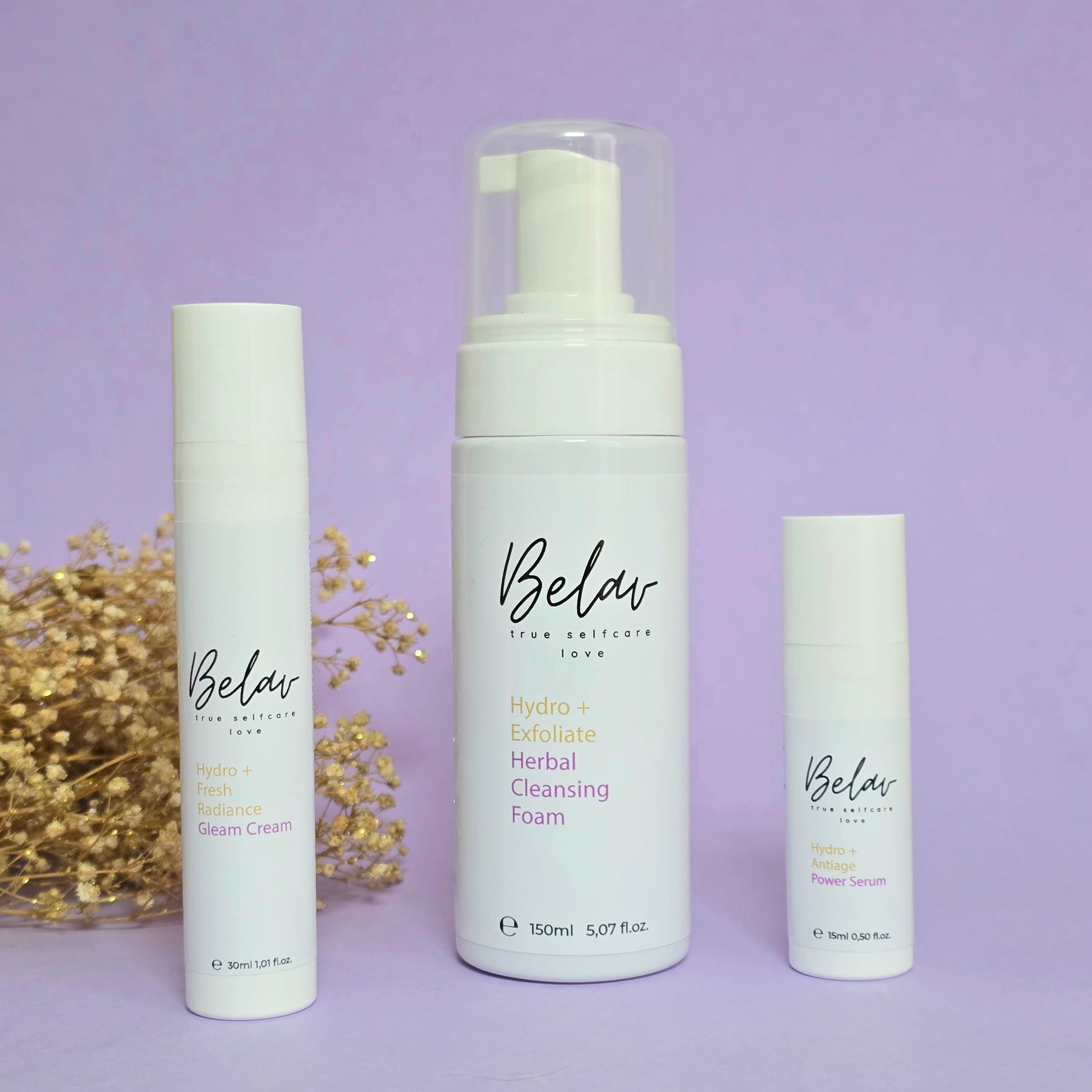Belav Skincare Set – Komplett-Pflege Routine mit Herbal Cleansing Foam, Power Serum NEU und Gleam Cream NEU