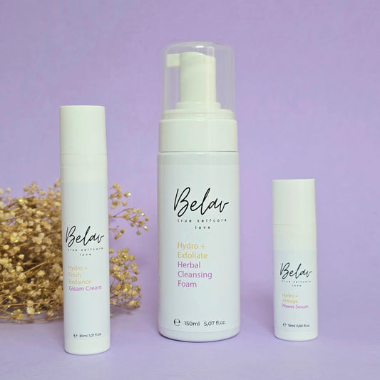 Belav Skincare Set – Komplett-Pflege Routine mit Herbal Cleansing Foam, Power Serum NEU und Gleam Cream NEU